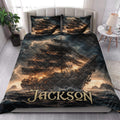 Pirate ship quilt blanket styled in a bedroom with stormy ocean artwork and dramatic dark nautical decor