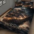 Close bedroom view of a pirate ship quilt blanket with lightning, rough seas, and cinematic nautical artwork