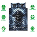 Pirate quilt bedding set shown with skull captain artwork, ships, crossed swords, and product feature icons
