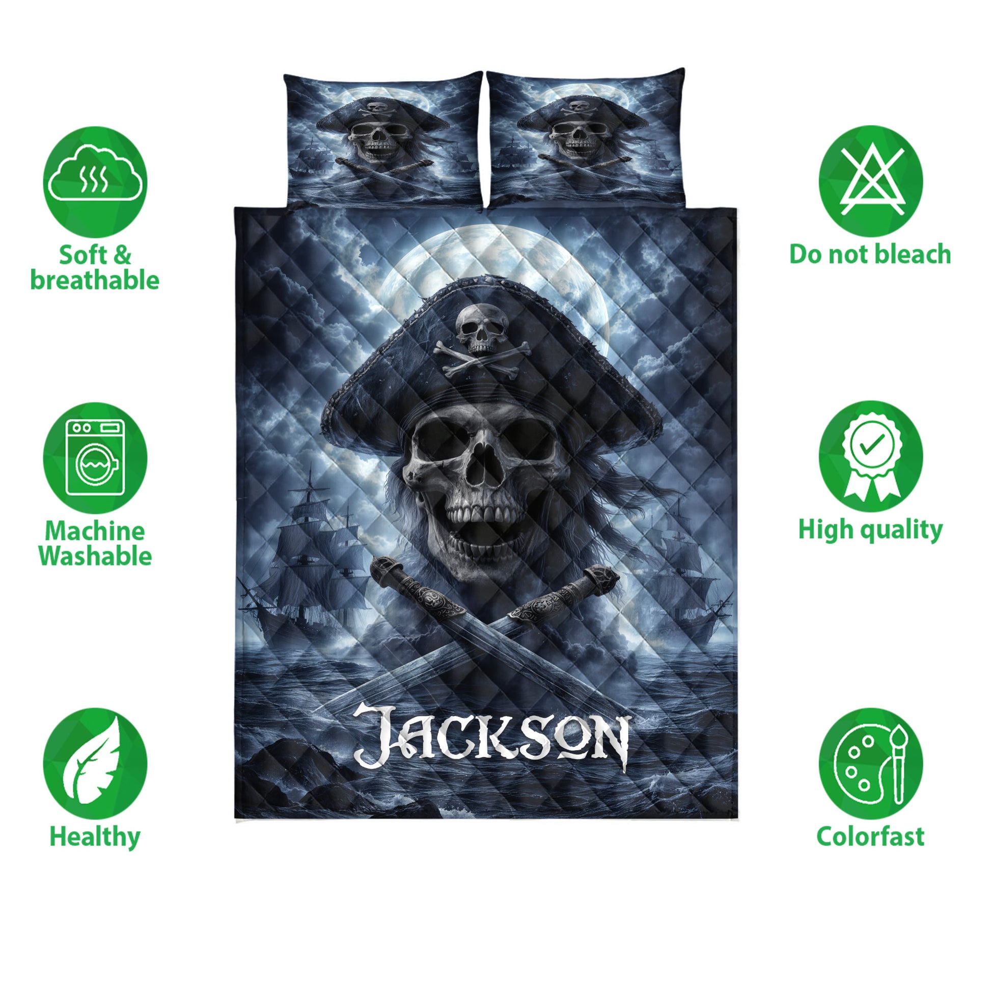 Pirate quilt bedding set shown with skull captain artwork, ships, crossed swords, and product feature icons