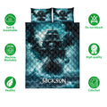 Pirate ship quilt bedding set shown with skull artwork and feature icons for softness, washing, and colorfastness