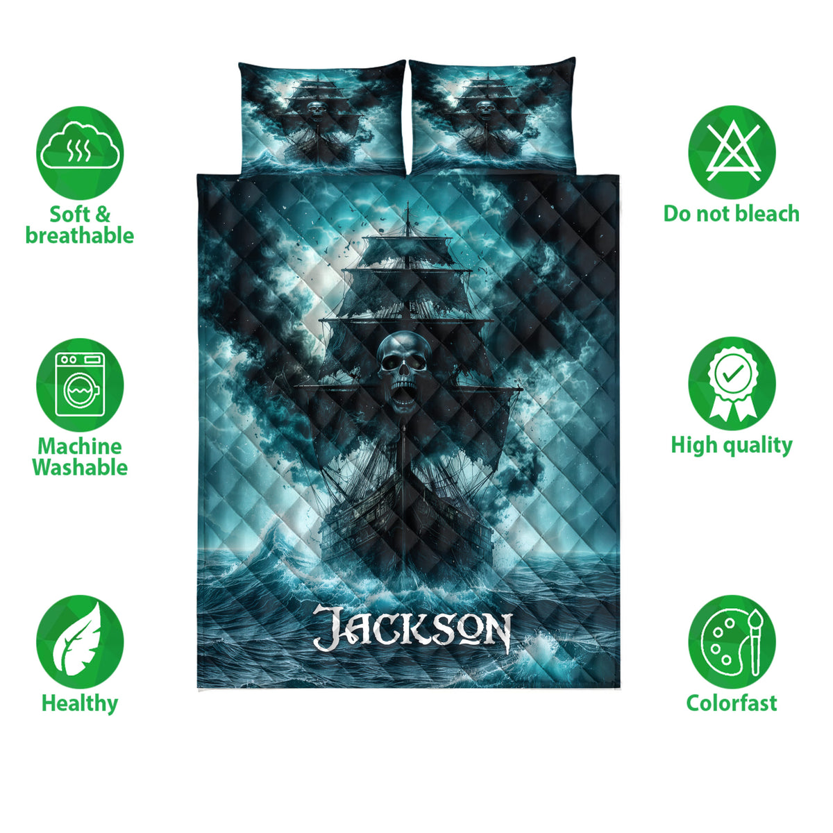 Pirate ship quilt bedding set shown with skull artwork and feature icons for softness, washing, and colorfastness