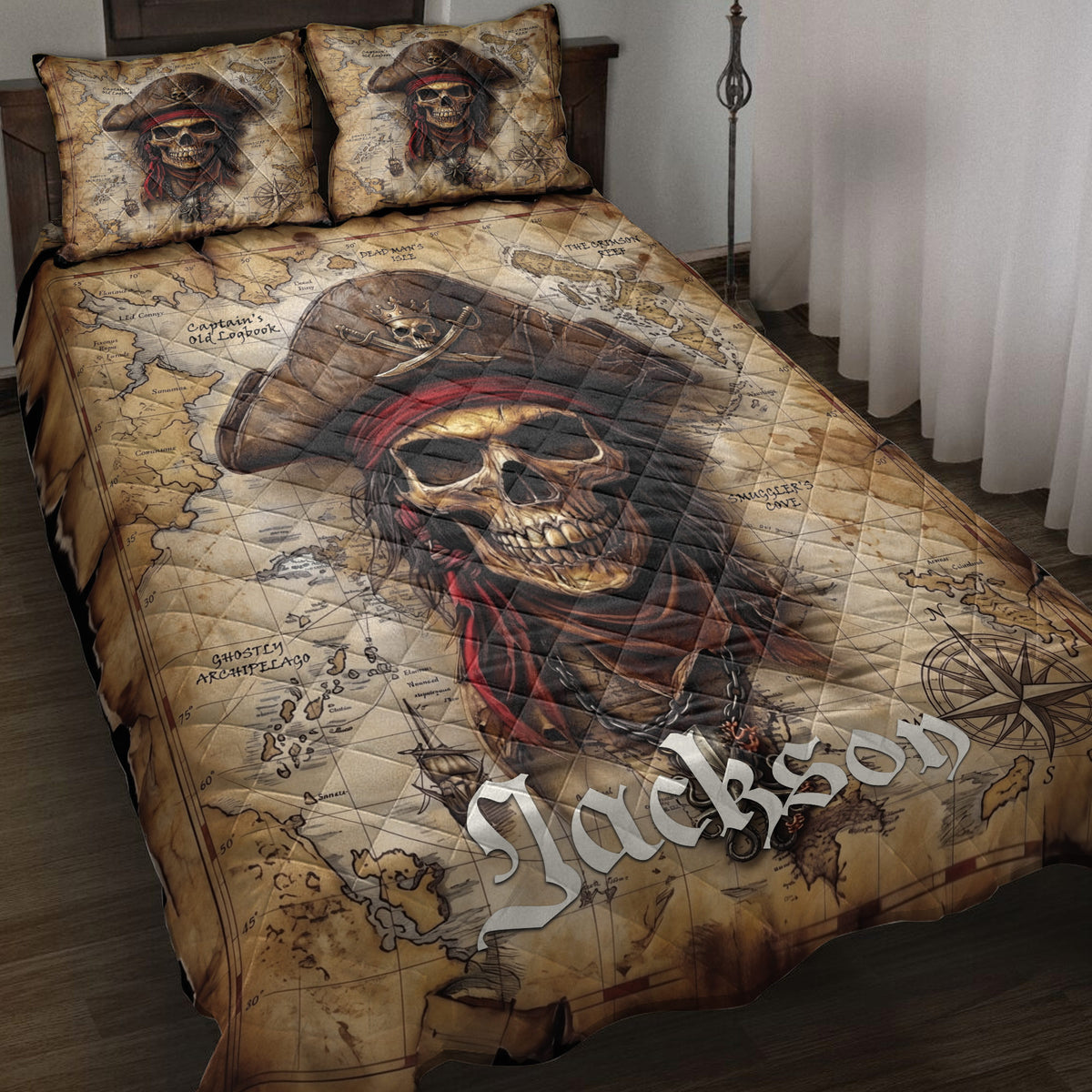 Pirate quilt blanket spread across a bed with skull captain artwork, antique treasure map, compass, and nautical details