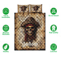 Pirate quilt bedding set featuring skull captain artwork over a vintage map design in rich brown and red tones