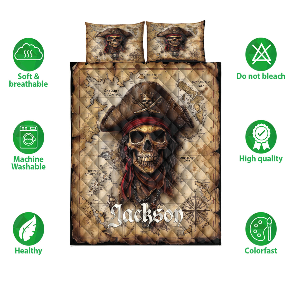 Pirate quilt bedding set featuring skull captain artwork over a vintage map design in rich brown and red tones