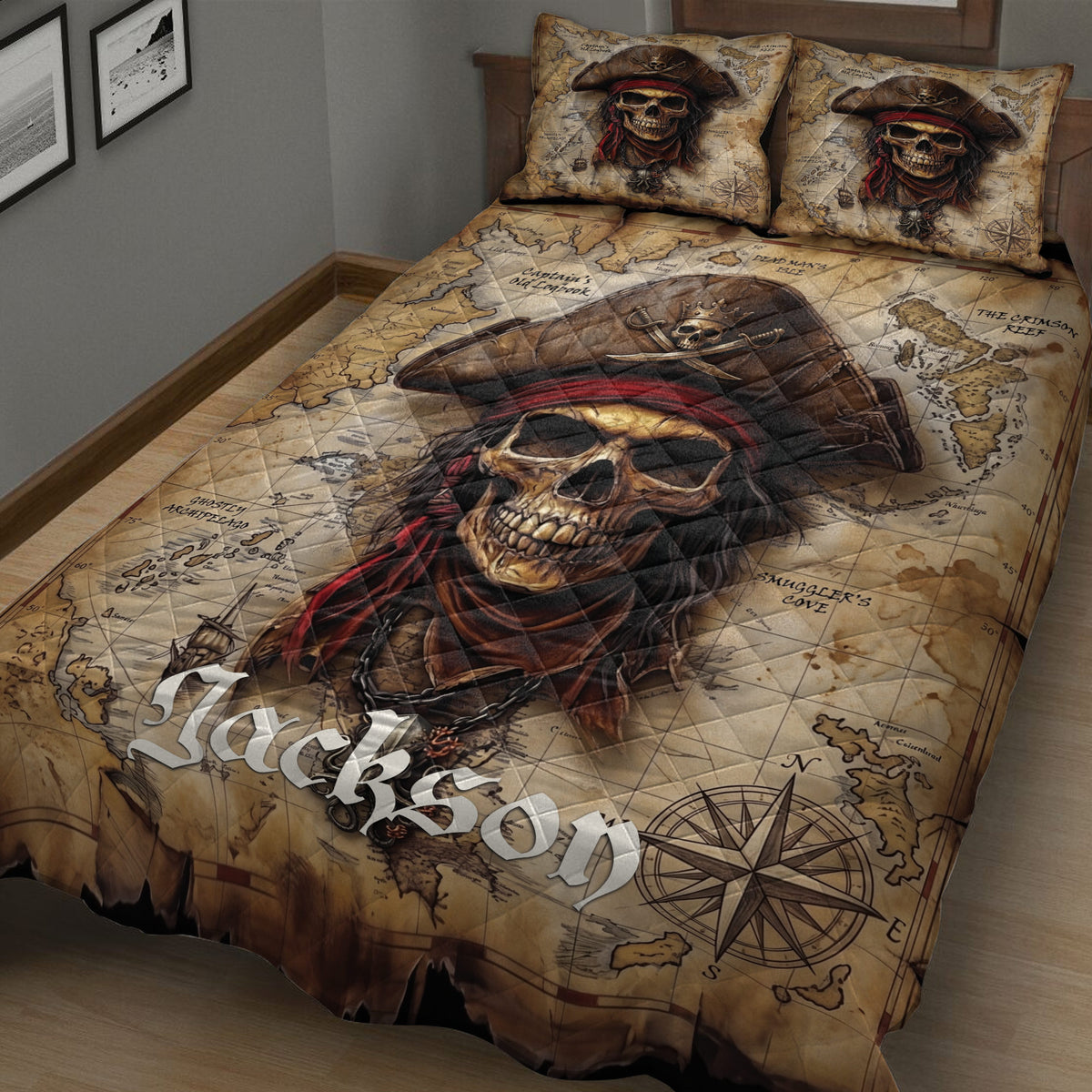 Pirate bedroom quilt featuring a large skull captain, vintage treasure map, sailing ship, and compass rose artwork