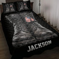 Black veteran quilt blanket featuring combat boots, patriotic dog tags, and military-inspired bedroom artwork