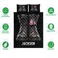 Veteran quilt bedding set with combat boot artwork, patriotic dog tags, and black quilted design