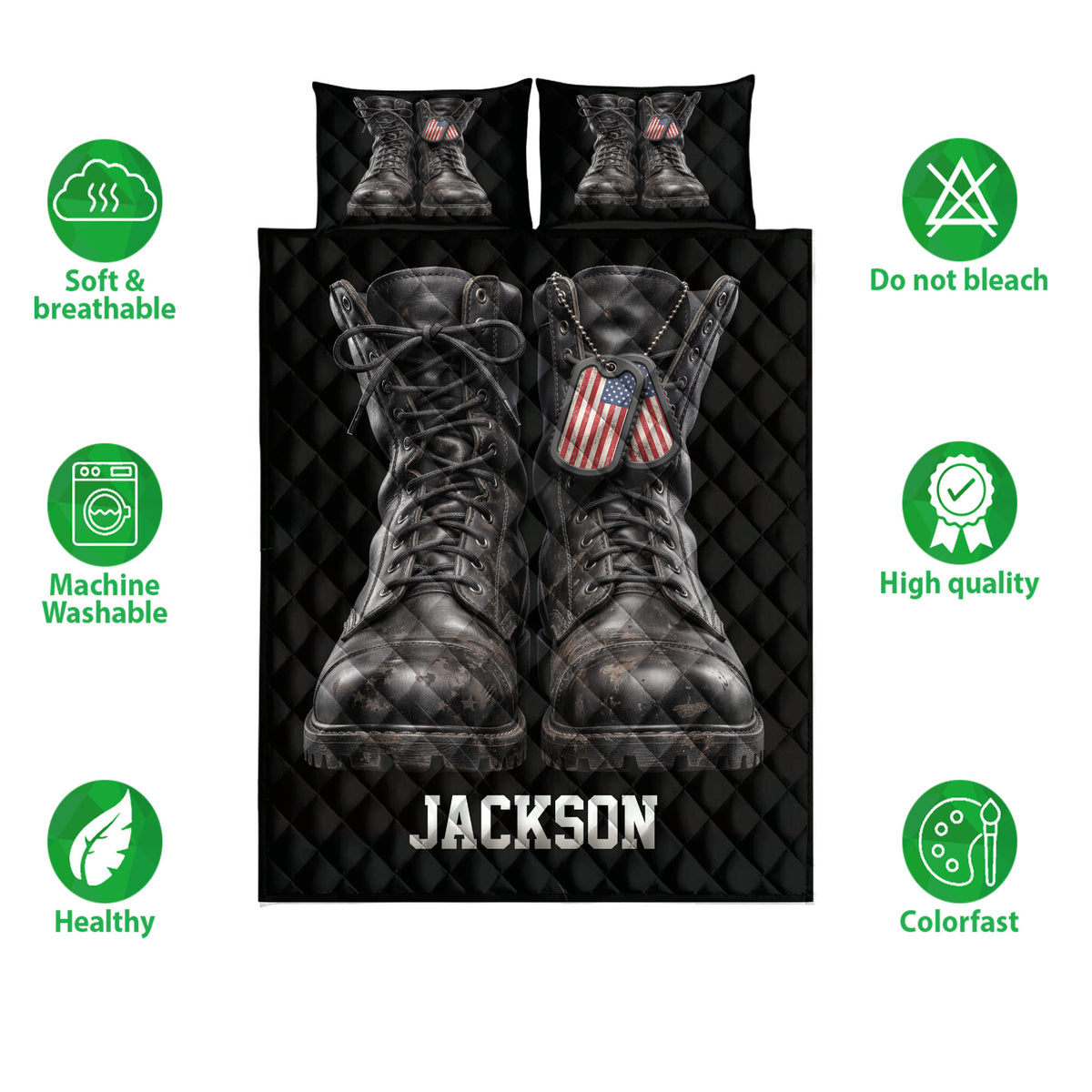 Veteran quilt bedding set with combat boot artwork, patriotic dog tags, and black quilted design