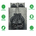 Boxing gloves quilt bedding set shown with breathable, washable, and colorfast feature icons
