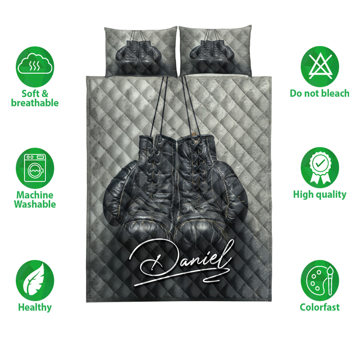 Boxing gloves quilt bedding set shown with breathable, washable, and colorfast feature icons