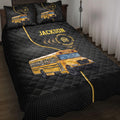 School bus driver quilt blanket bedding set displayed on a bed with yellow bus artwork and black geometric accents