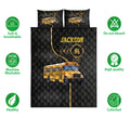 School bus quilt bedding set shown with yellow bus artwork alongside soft breathable and washable feature icons
