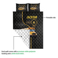 School bus quilt blanket shown with printed black and yellow front artwork and a white quilted backing