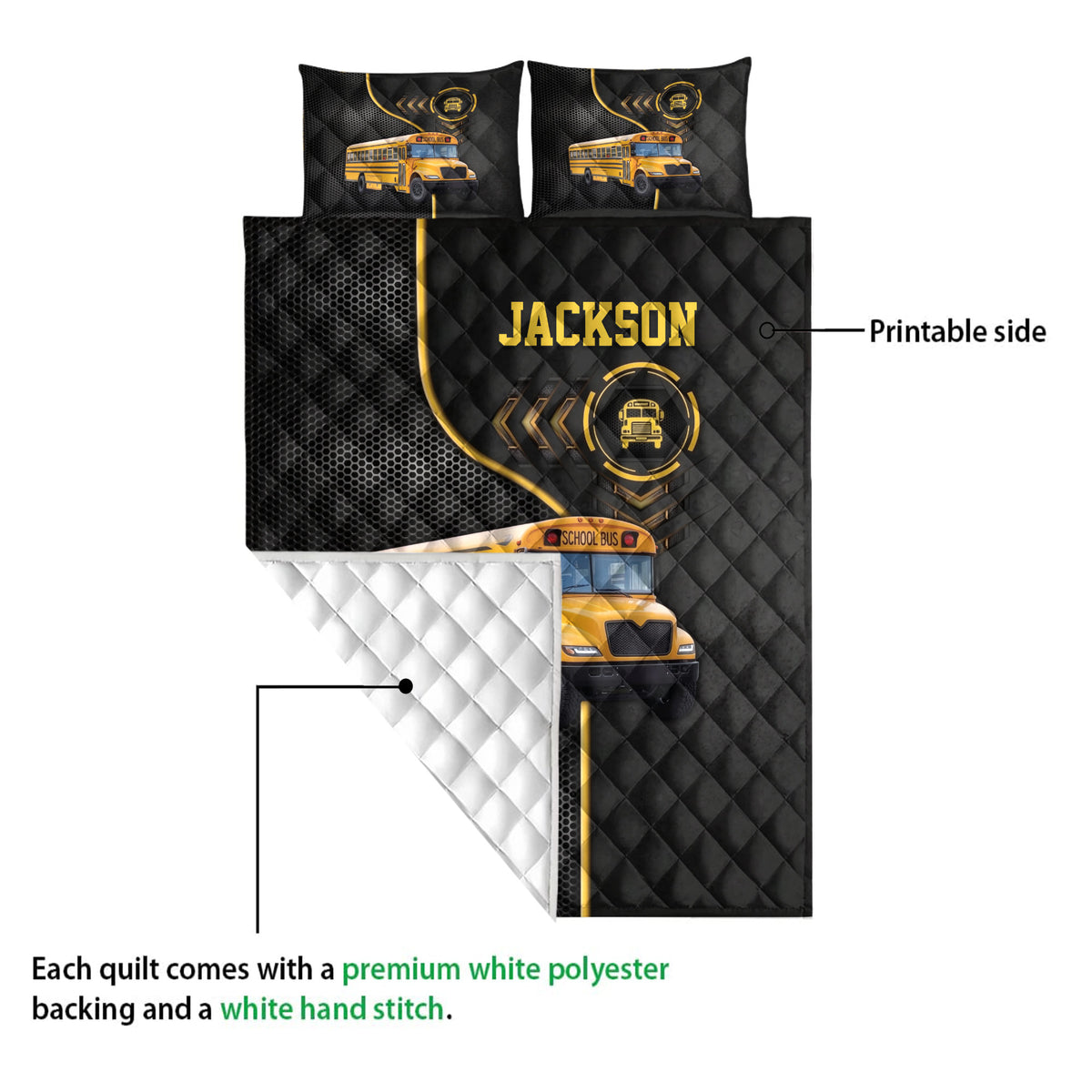 School bus quilt blanket shown with printed black and yellow front artwork and a white quilted backing
