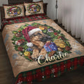 Christmas German Shepherd quilt blanket displayed on a bed with festive wreaths, gifts, snowflakes, and plaid accents