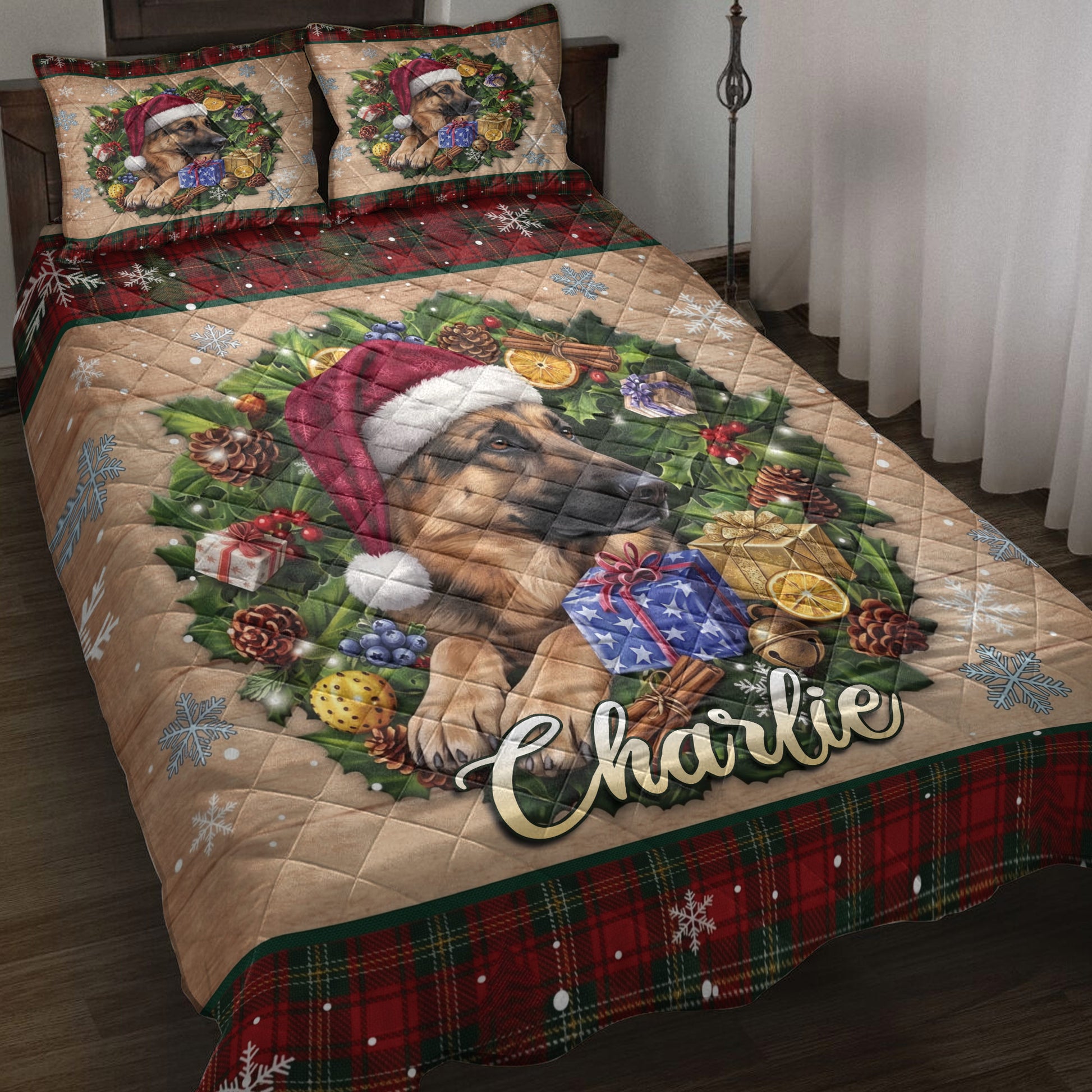 Christmas German Shepherd quilt blanket displayed on a bed with festive wreaths, gifts, snowflakes, and plaid accents
