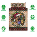 German Shepherd Christmas quilt bedding set shown with festive artwork, plaid borders, and product feature icons
