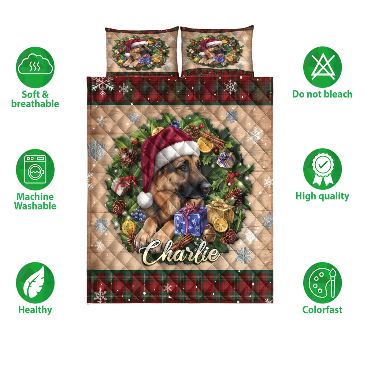 German Shepherd Christmas quilt bedding set shown with festive artwork, plaid borders, and product feature icons