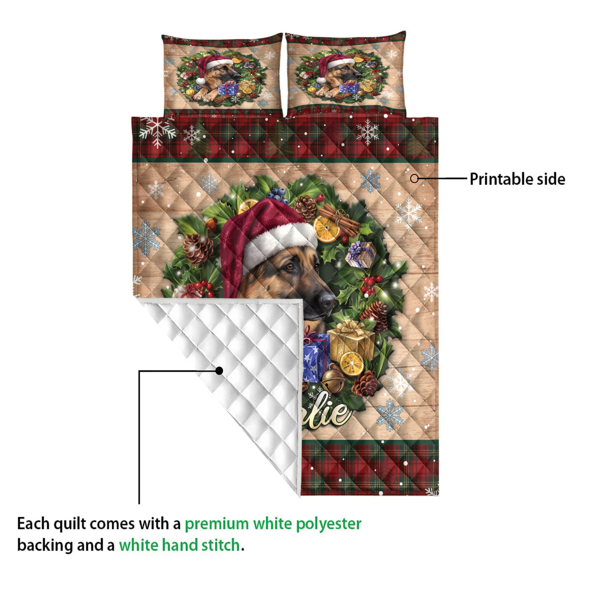 German Shepherd Christmas quilt shown with a printed front design and a white quilted backing detail