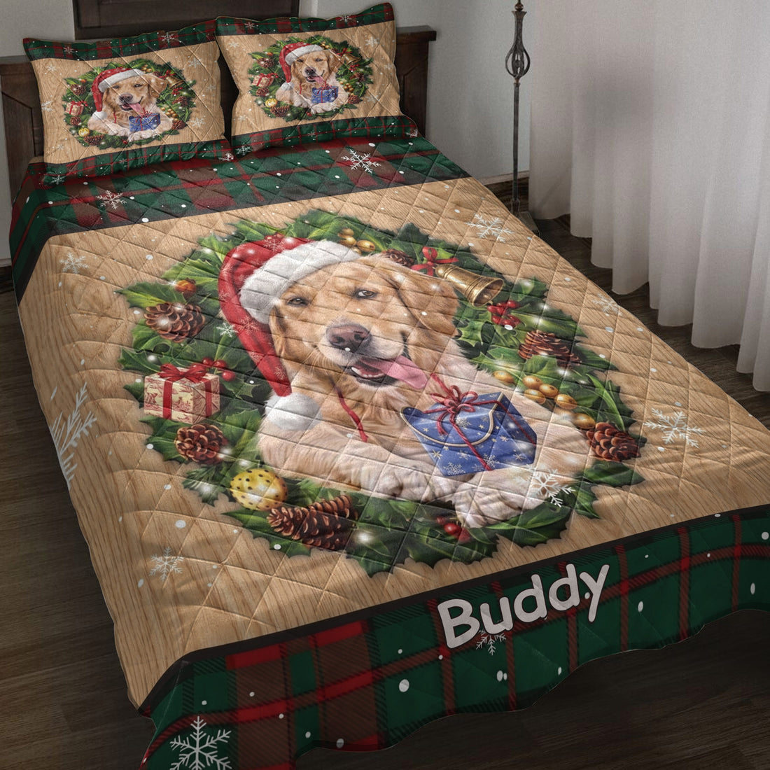 Golden Retriever Christmas quilt blanket displayed on a bed with plaid borders, gifts, wreath greenery, and snowflakes