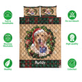 Golden Retriever Christmas quilt bedding set shown flat with festive plaid, snowflakes, and holiday wreath artwork