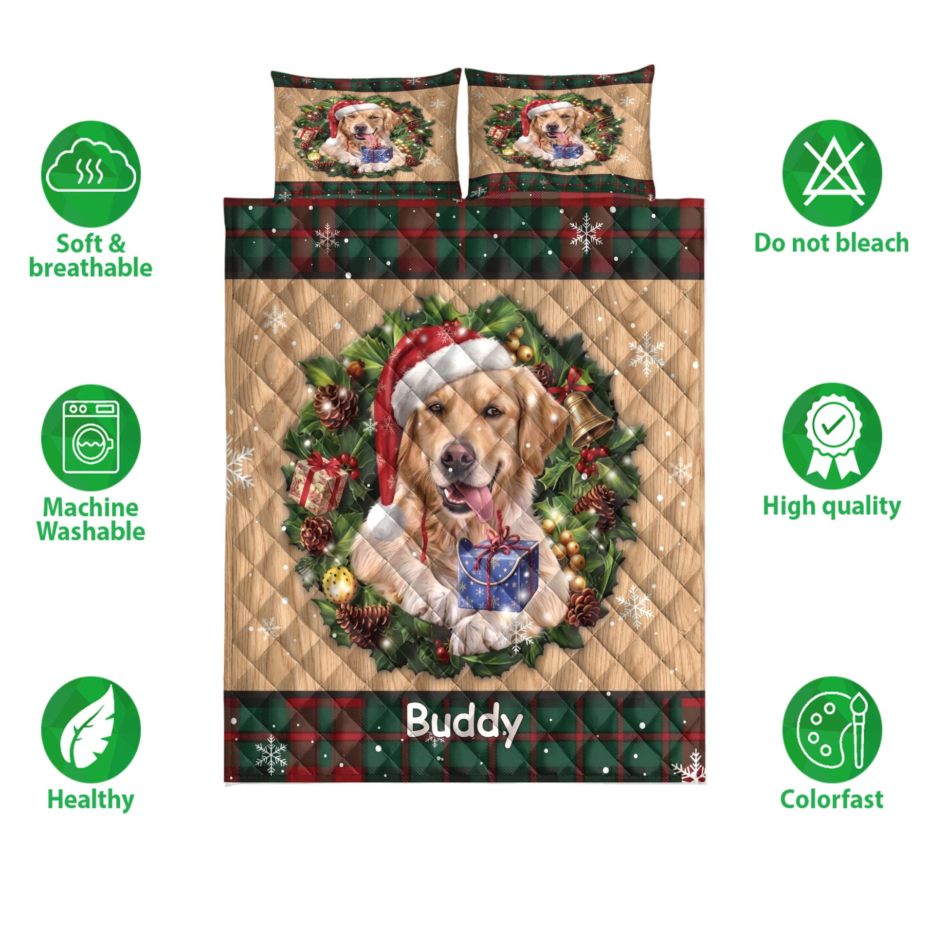 Golden Retriever Christmas quilt bedding set shown flat with festive plaid, snowflakes, and holiday wreath artwork