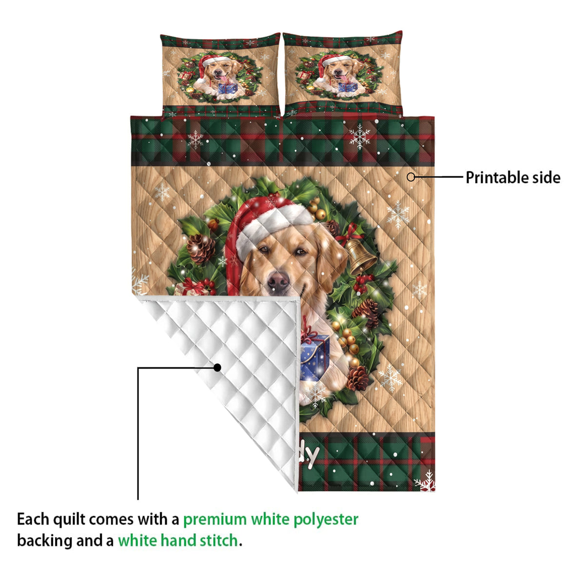 Golden Retriever Christmas quilt close-up showing the printed front, quilted stitching, and white backing