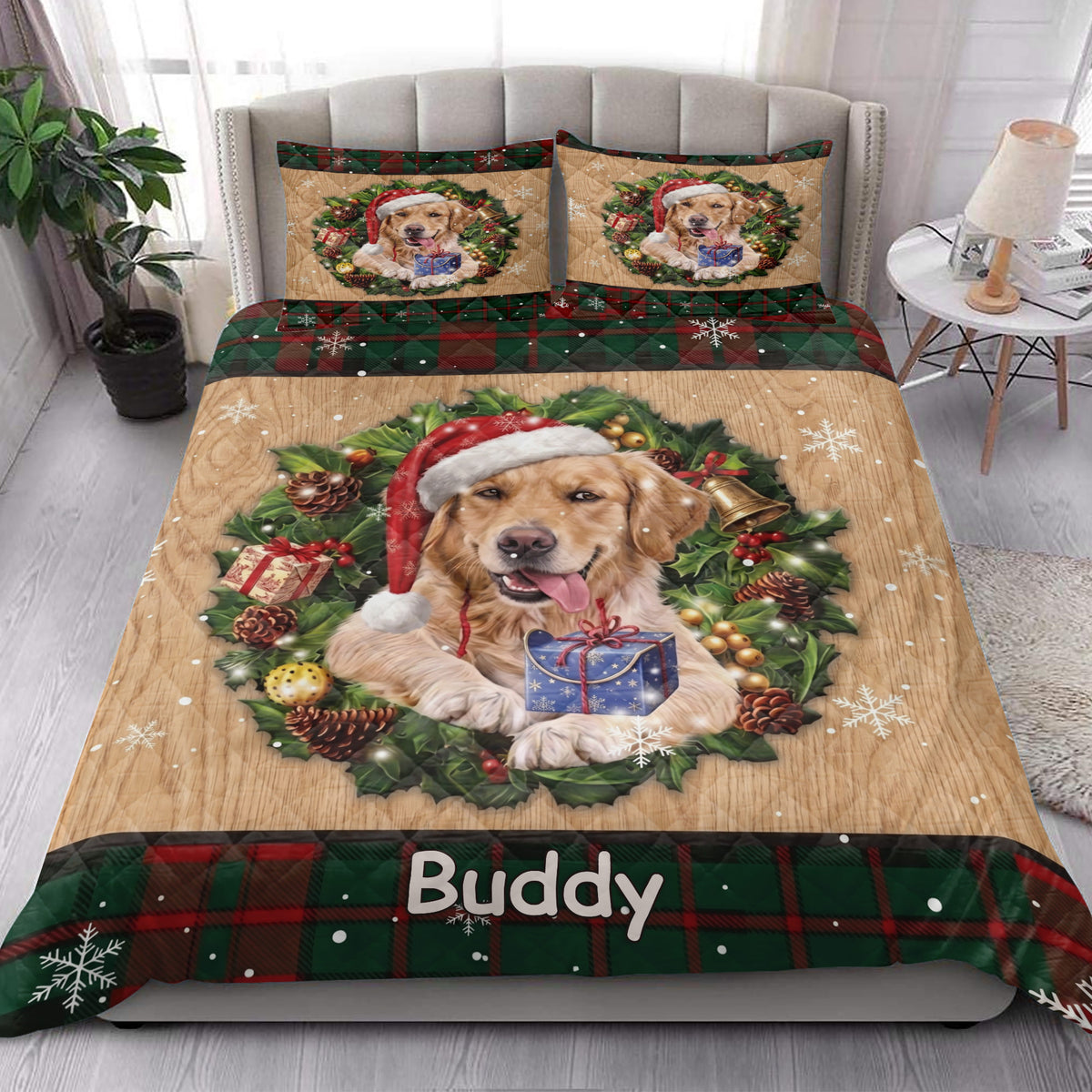 Golden Retriever holiday quilt blanket styled in a bright bedroom with festive dog, wreath, gift, and plaid artwork