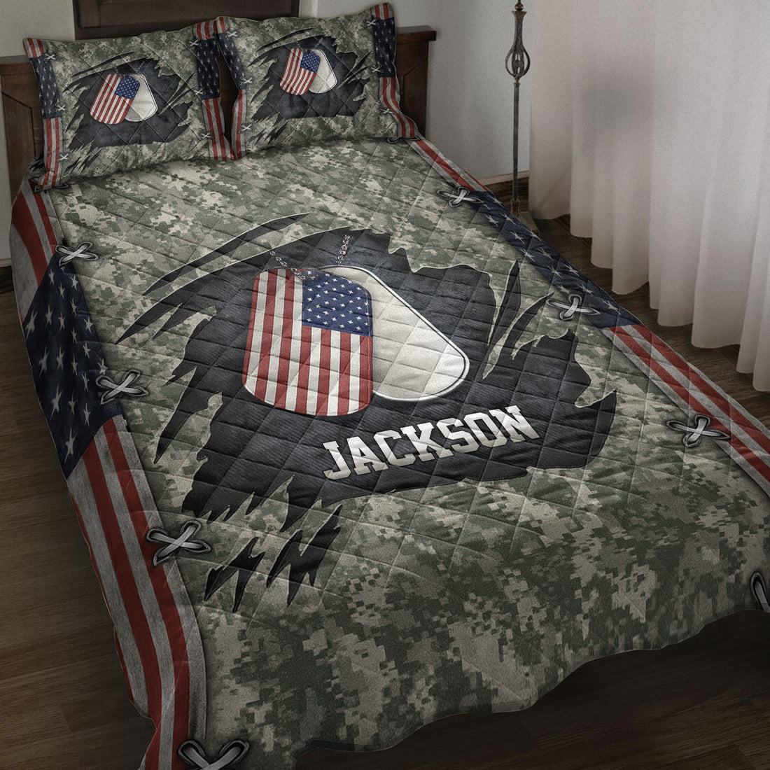 Patriotic veteran quilt blanket displayed on a bed with camouflage, American flag dog tags, and military-inspired artwork