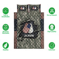 Veteran quilt bedding set shown flat with camouflage artwork, patriotic dog tags, and American flag border details