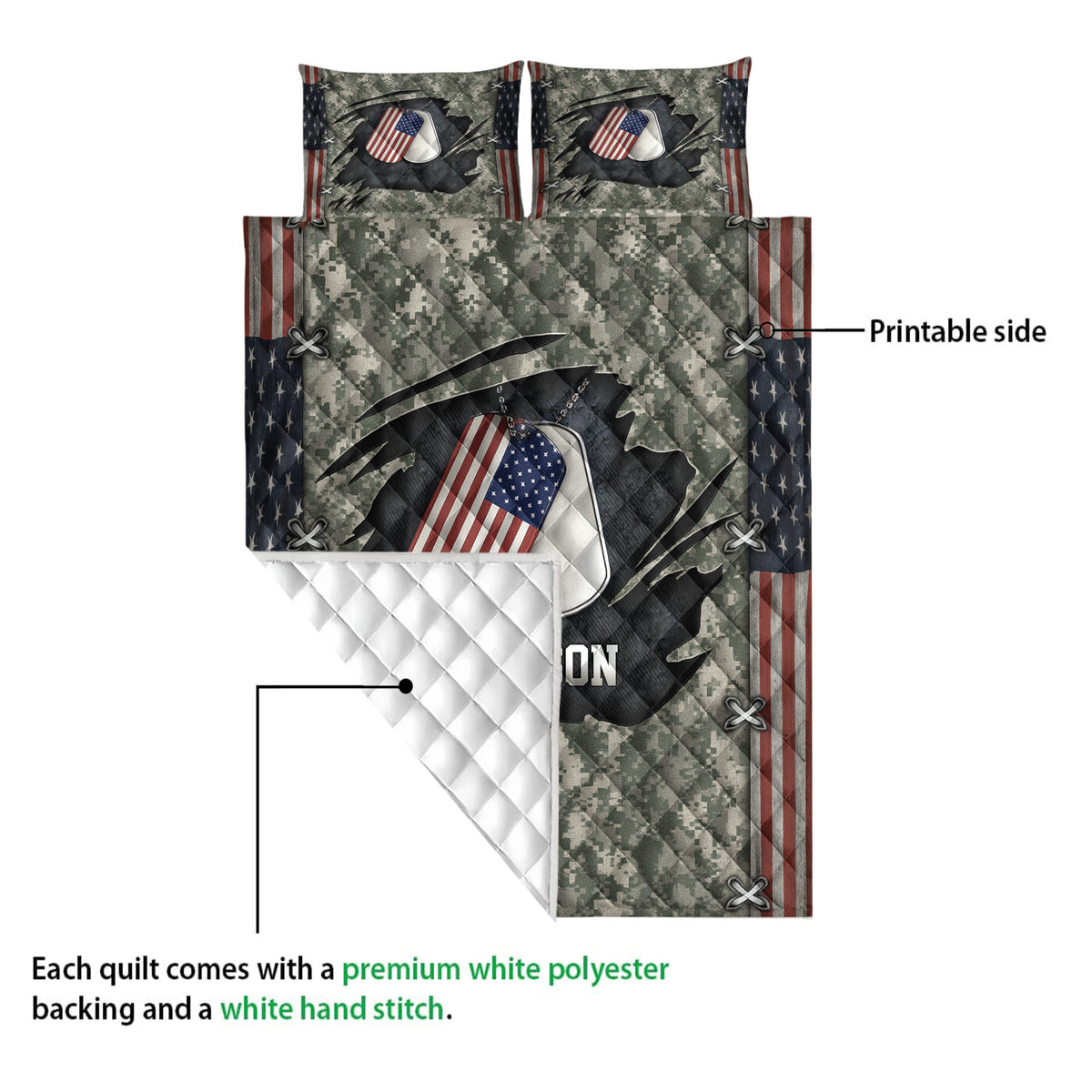 Close view of veteran quilt showing printed camouflage front and white quilted backing with patriotic military artwork