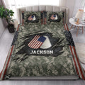 Patriotic veteran quilt blanket styled in a bright bedroom with camouflage, flag details, and dog tag artwork
