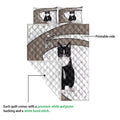 Tuxedo cat quilt shown with a close view of the printable side and quilted white backing