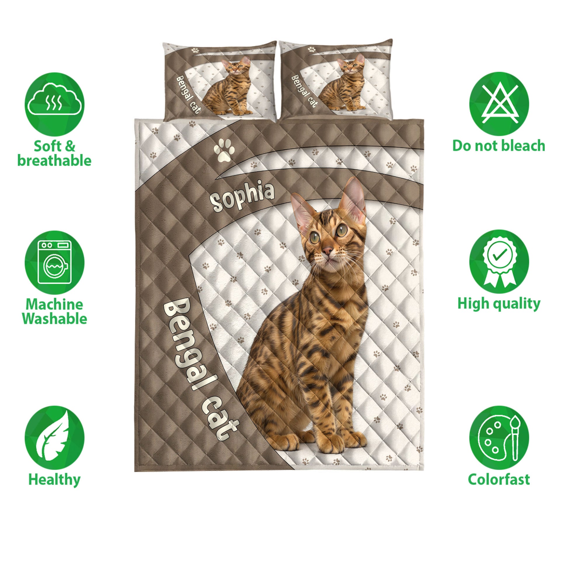 Bengal cat quilt bedding set shown with spotted cat artwork, paw prints, and product feature icons