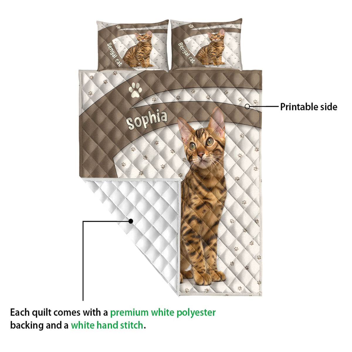 Bengal cat quilt detail showing the printed side, white backing, quilt stitching, and paw-print pattern