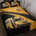 School bus driver quilt blanket displayed on a bed with yellow buses, black road graphics, and bold custom artwork