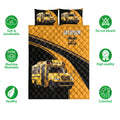 School bus quilt bedding set shown with matching bus pillow designs and yellow and black road artwork