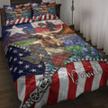 Texas longhorn quilt blanket displayed on a bed with bluebonnets, patriotic stars and Western artwork