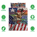 Texas longhorn quilt bedding set shown with bluebonnets, patriotic artwork and care feature icons