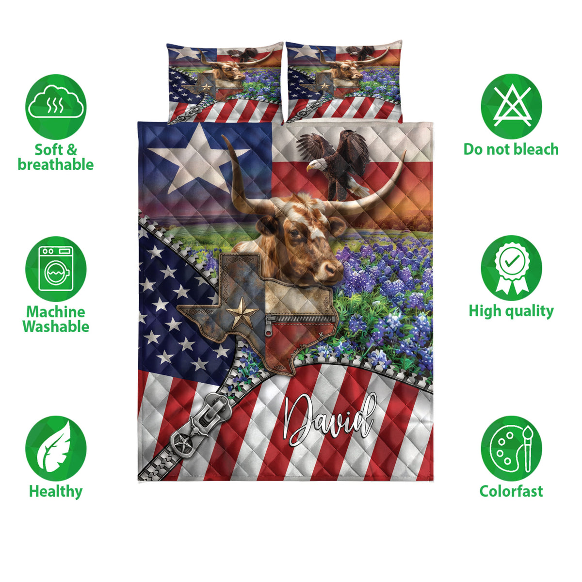 Texas longhorn quilt bedding set shown with bluebonnets, patriotic artwork and care feature icons
