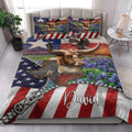 Texas longhorn quilt blanket styled in a bright bedroom with matching Western artwork