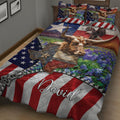 Patriotic Texas longhorn quilt blanket displayed across a bedroom with bluebonnets and star details