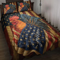Rooster quilt blanket displayed on a bed with patriotic stars and stripes artwork in navy, red, and gold
