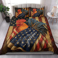 Patriotic rooster quilt bedding styled in a bright bedroom with bold stars and stripes decor