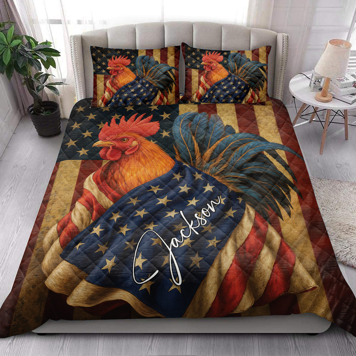 Patriotic rooster quilt bedding styled in a bright bedroom with bold stars and stripes decor