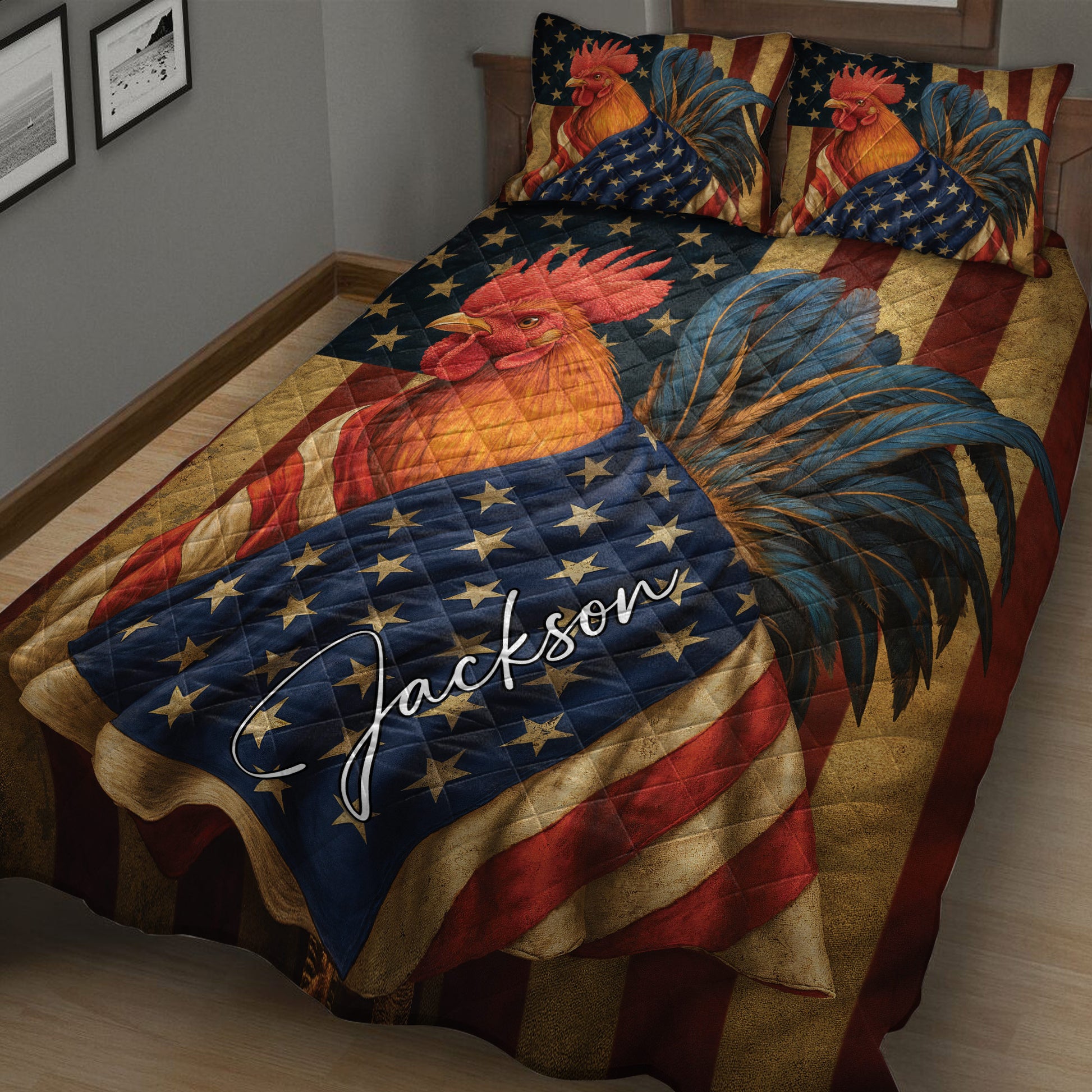 Close bedroom view of a rooster quilt blanket featuring colorful feathers, stars, and rustic flag-inspired stripes