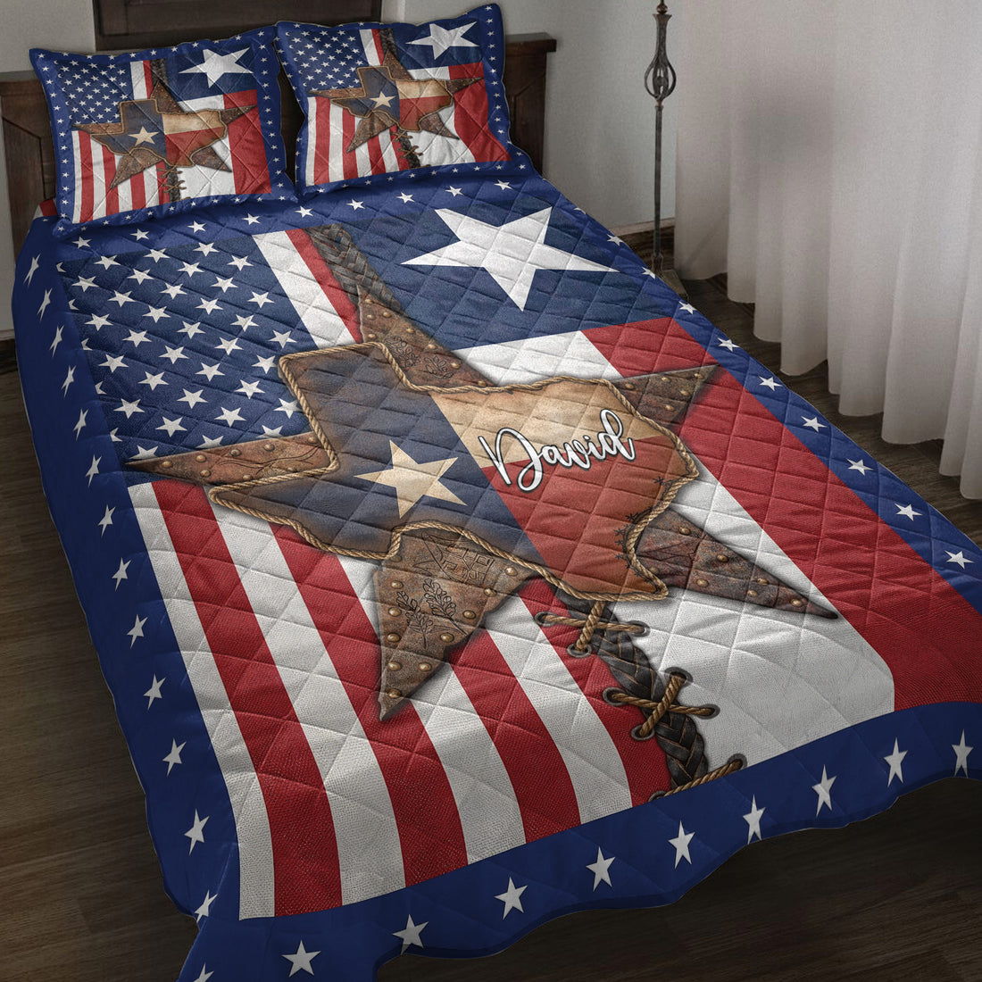 Texas quilt blanket displayed on a bed with a western star, red white and blue stripes, and navy star border