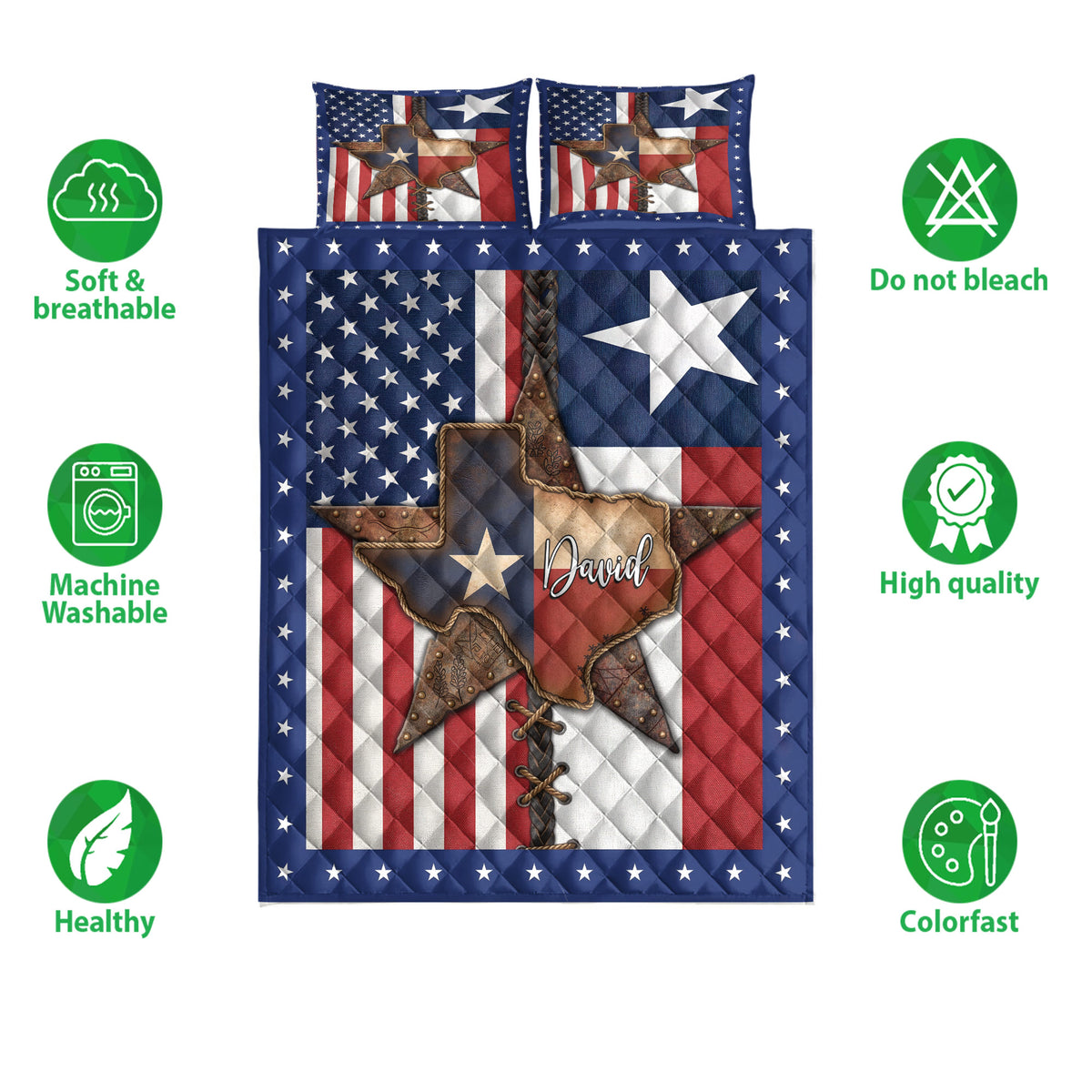 Texas western star quilt bedding set shown front-facing with bold patriotic colors and star-patterned border