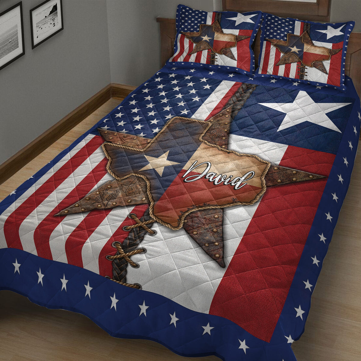 Close-up Texas quilt blanket featuring a rustic western star design, bold stripes, and navy star border